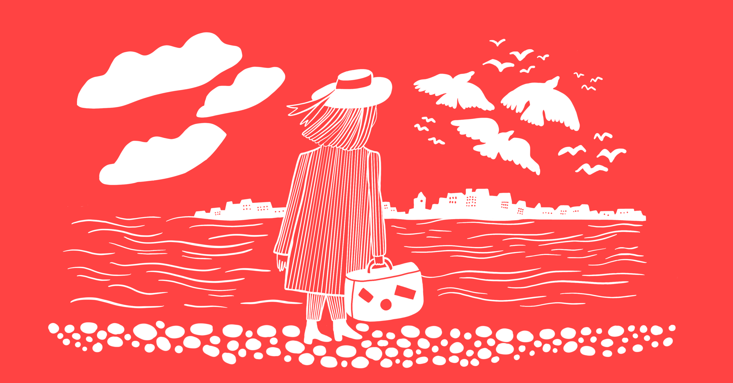 Hahmo katsoo vastarannalle matkalaukku kädessään