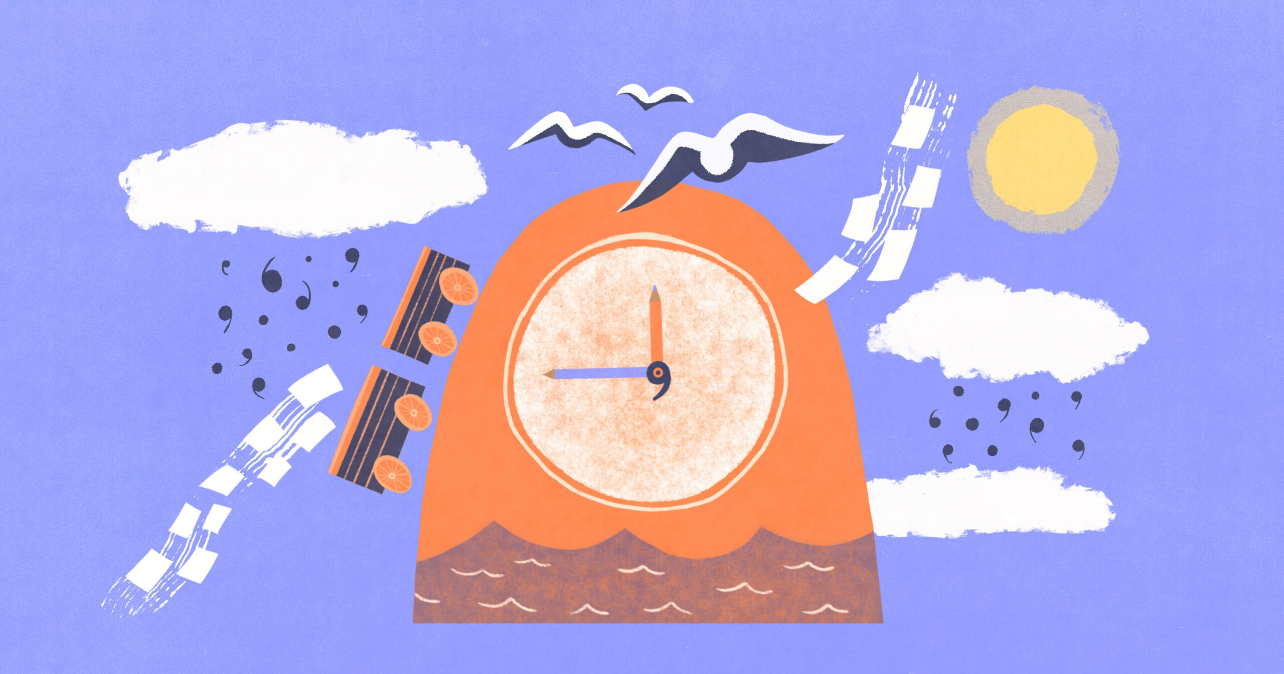 Kuvituskuva: kello jonka päältä kulkee juna